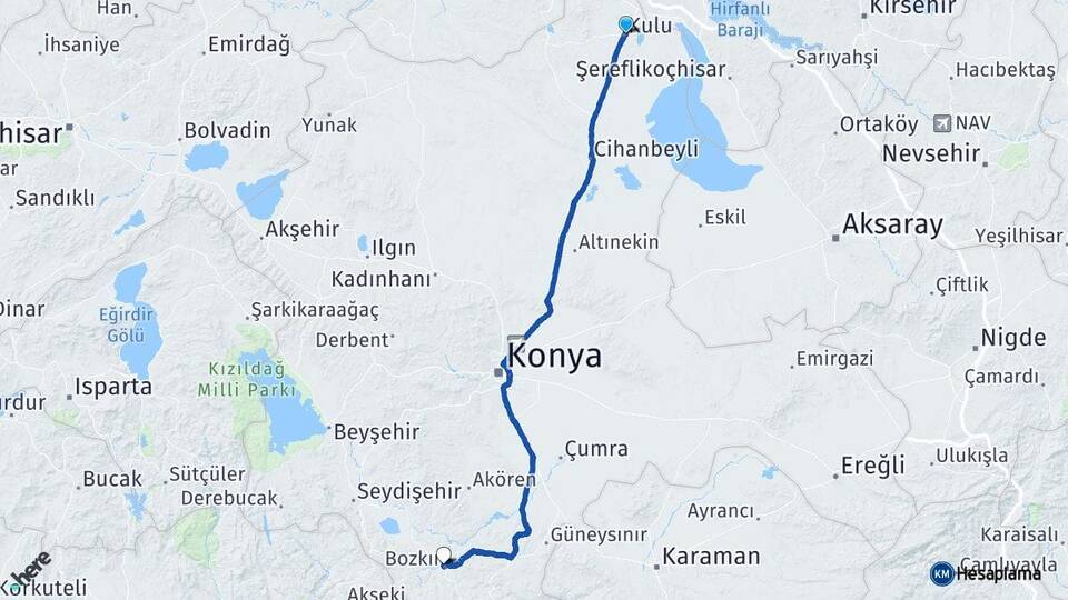 Konya Kulu Bozkır Arası Kaç Km - Yol Haritası