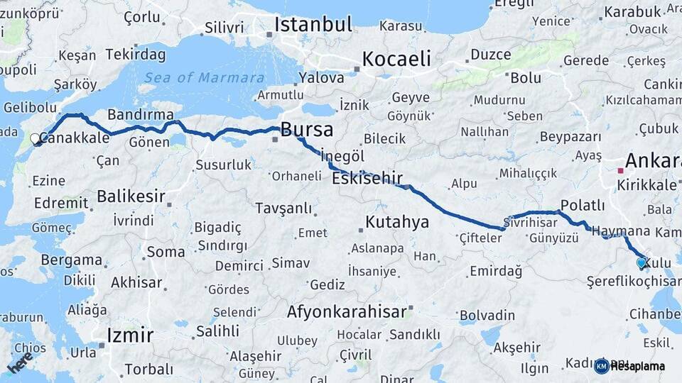 Konya Kulu Çanakkale Arası Kaç Km - Yol Haritası