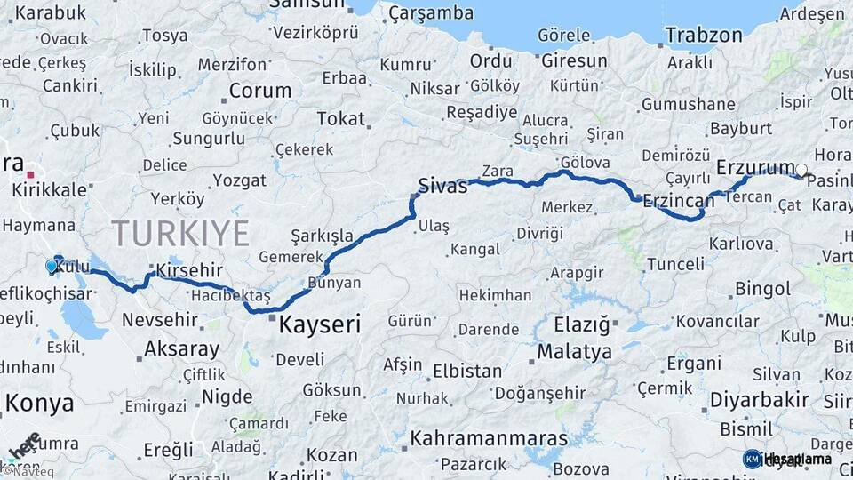 Konya Kulu Erzurum Arası Kaç Km - Yol Haritası