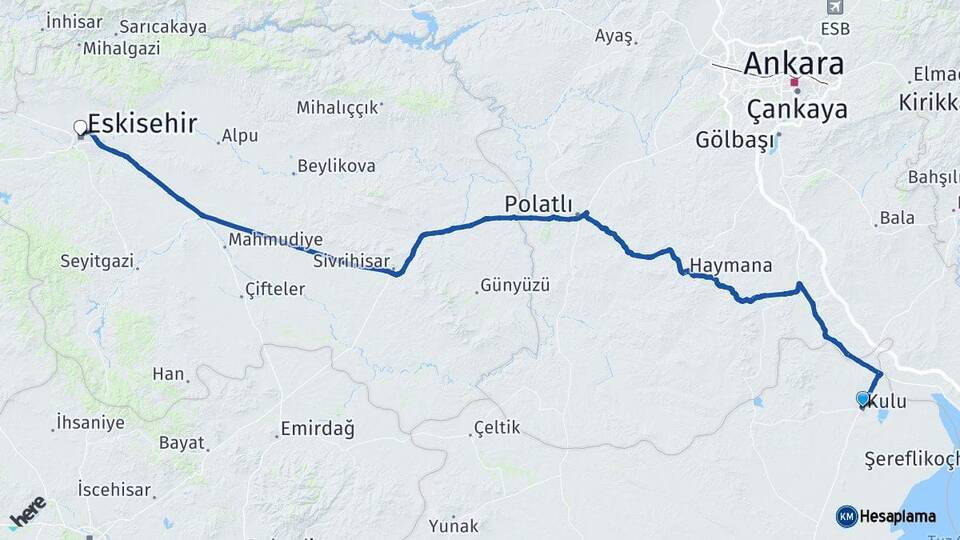 Konya Kulu Eskişehir Arası Kaç Km - Yol Haritası