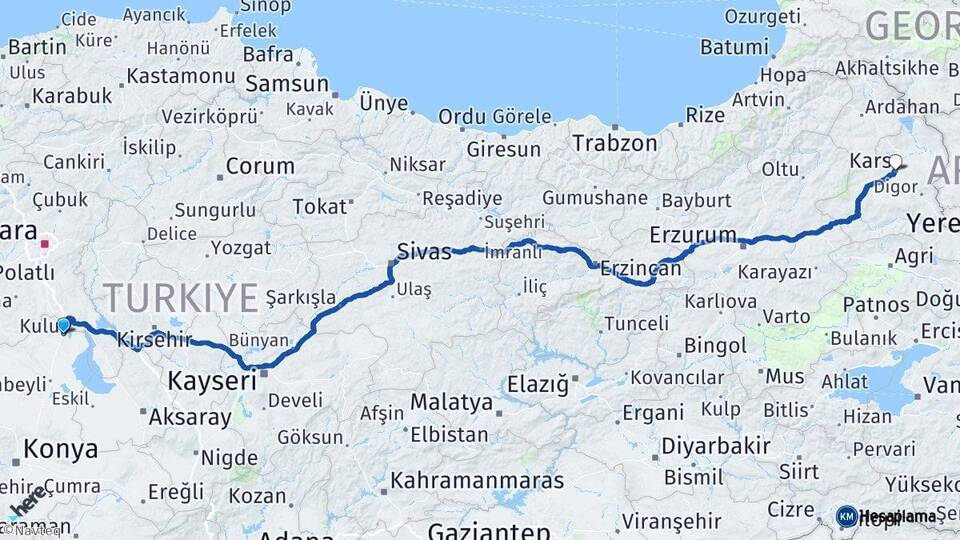 Konya Kulu Kars Arası Kaç Km - Yol Haritası