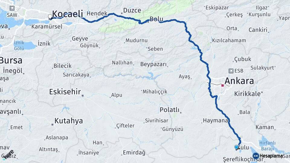 Konya Kulu Kocaeli Arası Kaç Km - Yol Haritası