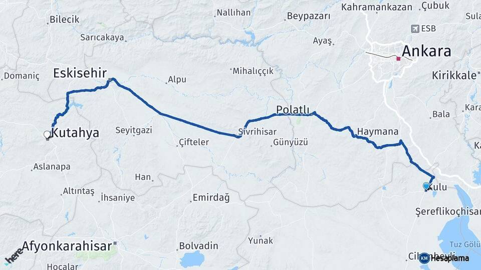 Konya Kulu Kütahya Arası Kaç Km - Yol Haritası