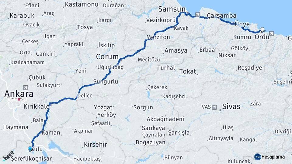 Konya Kulu Ordu Arası Kaç Km - Yol Haritası