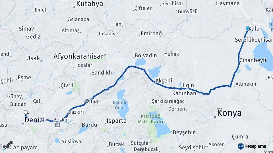 Konya Kulu Pamukkale Denizli Arası Kaç Km - Yol Haritası