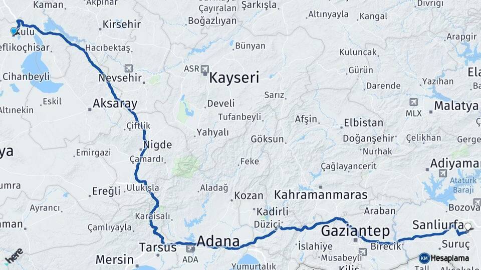 Konya Kulu Şanlıurfa Arası Kaç Km - Yol Haritası