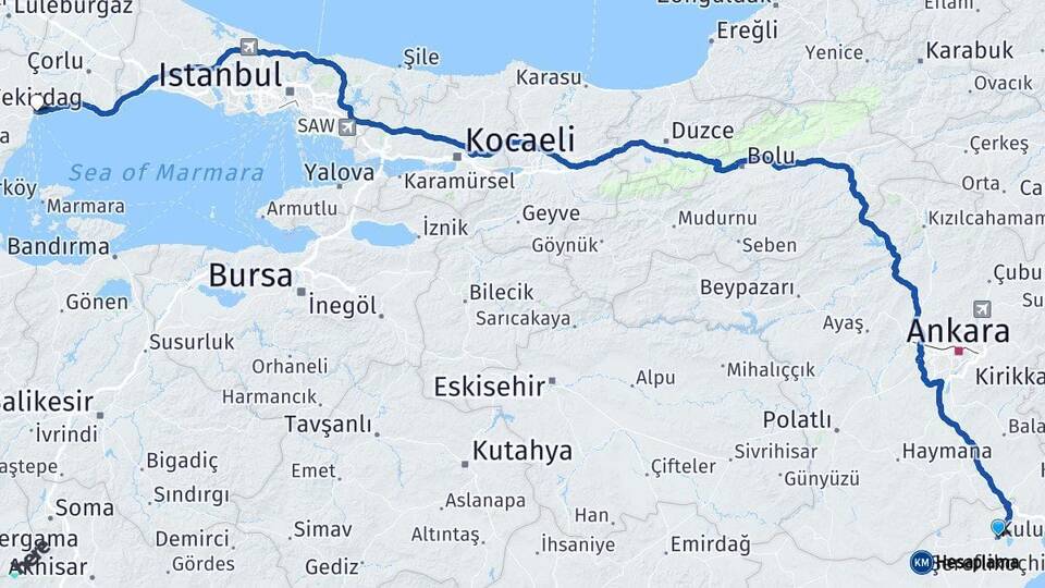 Konya Kulu Tekirdağ Arası Kaç Km - Yol Haritası