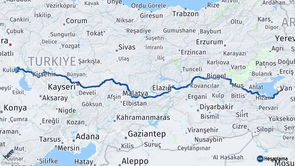 Konya Kulu Van Arası Kaç Km - Yol Haritası