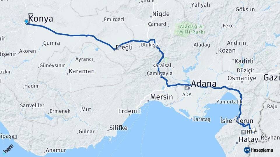 Konya Kumlu Hatay Arası Kaç Km - Yol Haritası