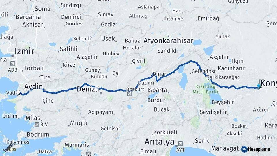Konya Kuşadası Aydın Arası Kaç Km - Yol Haritası