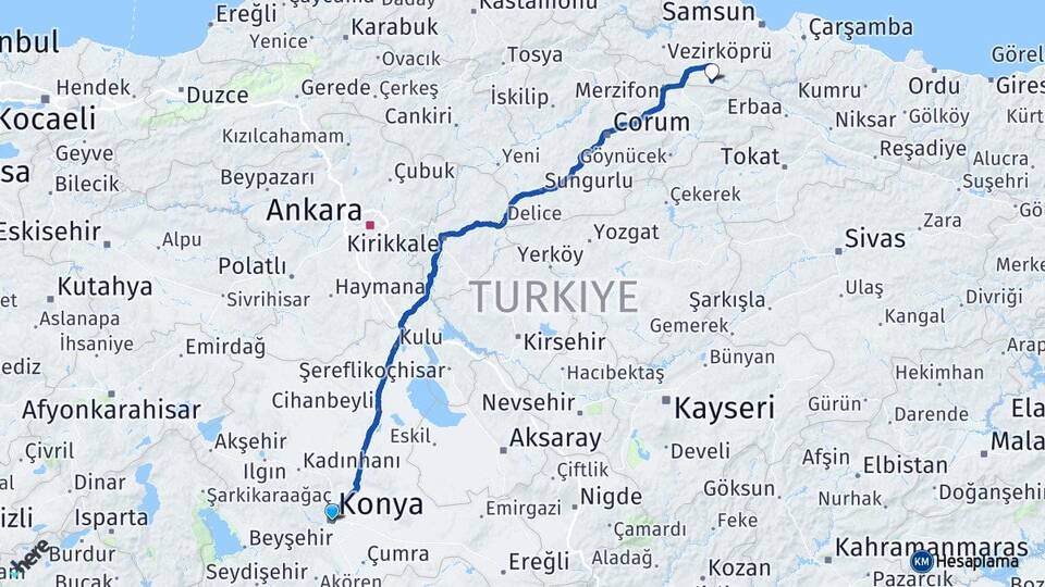 Konya Ladik Samsun Arası Kaç Km - Yol Haritası