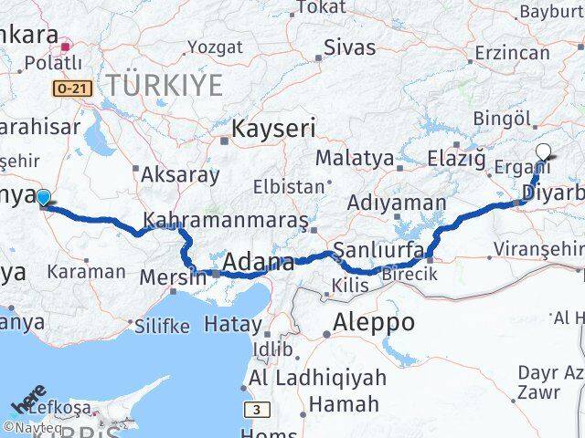 Konya Lice Diyarbakır Arası Kaç Km - Yol Haritası