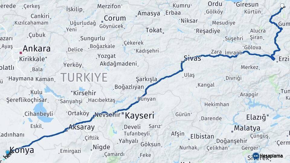 Konya Maçka Trabzon Arası Kaç Km - Yol Haritası