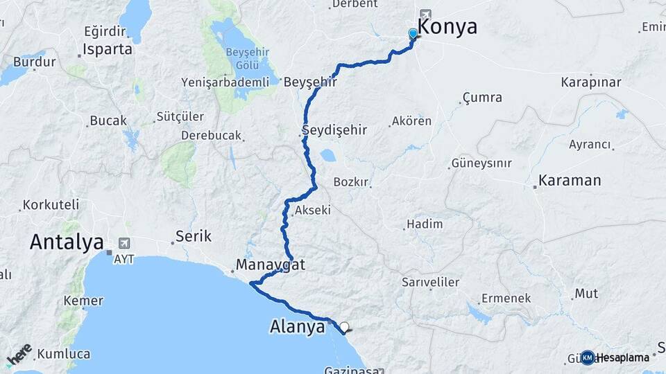 Konya Mahmutlar Alanya Antalya Arası Kaç Km - Yol Haritası