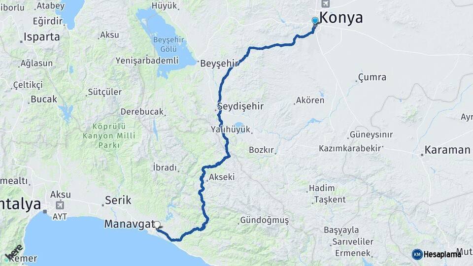 Konya Manavgat Antalya Arası Kaç Km - Yol Haritası