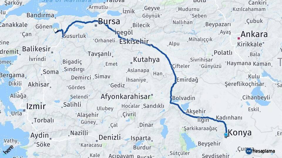 Konya Manyas Balıkesir Arası Kaç Km - Yol Haritası