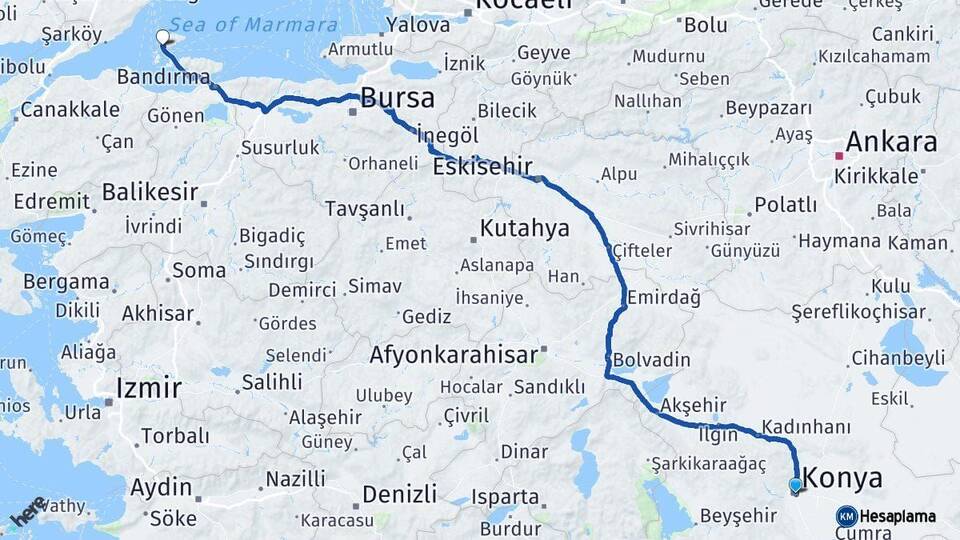 Konya Marmara Balıkesir Arası Kaç Km - Yol Haritası