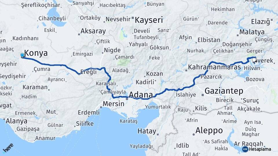 Konya Menzil Kahta Adıyaman Arası Kaç Km - Yol Haritası