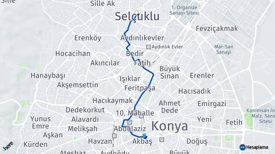 Konya Meram Selçuklu Arası Kaç Km - Yol Haritası