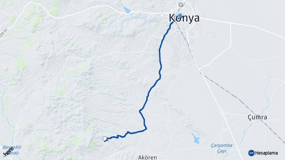 Konya Meram Yeşiltekke Meram Arası Kaç Km - Yol Haritası
