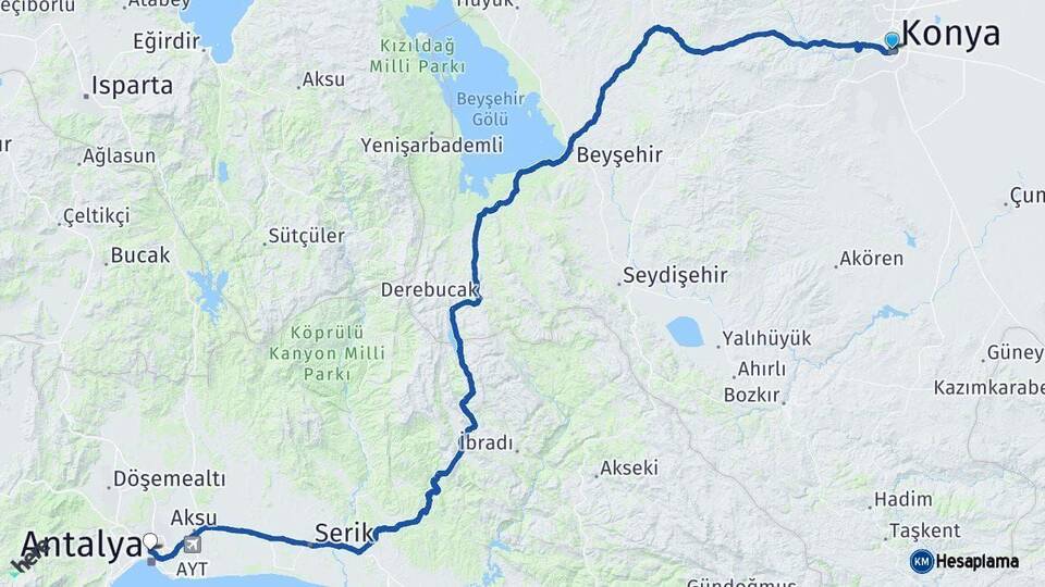 Konya Muratpaşa Antalya Arası Kaç Km - Yol Haritası