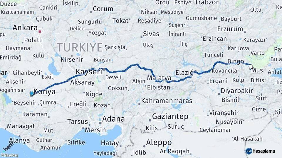 Konya Muş Arası Kaç Km - Yol Haritası