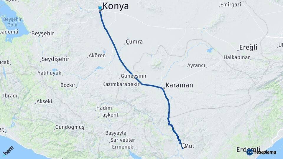 Konya Mut Mersin Arası Kaç Km - Yol Haritası