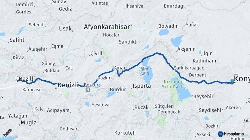 Konya Nazilli Aydın Arası Kaç Km - Yol Haritası