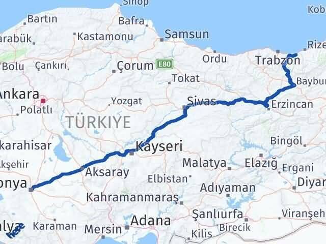 Konya Of Trabzon Arası Kaç Km - Yol Haritası