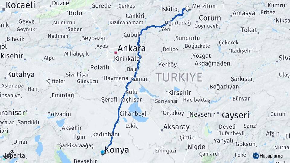 Konya Oğuzlar Çorum Arası Kaç Km - Yol Haritası