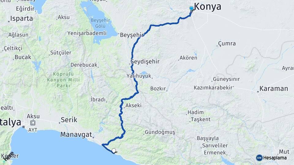 Konya Okurcalar Alanya Antalya Arası Kaç Km - Yol Haritası