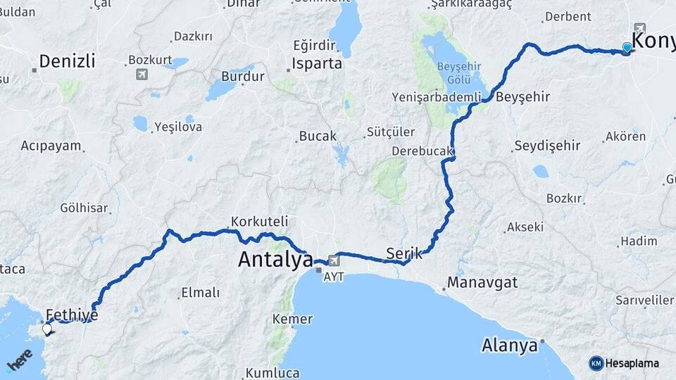Konya Ölüdeniz Fethiye Muğla Arası Kaç Km - Yol Haritası