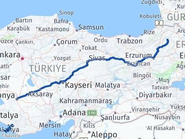 Konya Olur Erzurum Arası Kaç Km - Yol Haritası