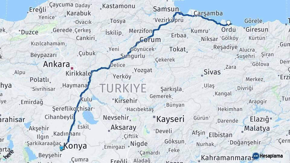Konya Ordu Arası Kaç Km - Yol Haritası