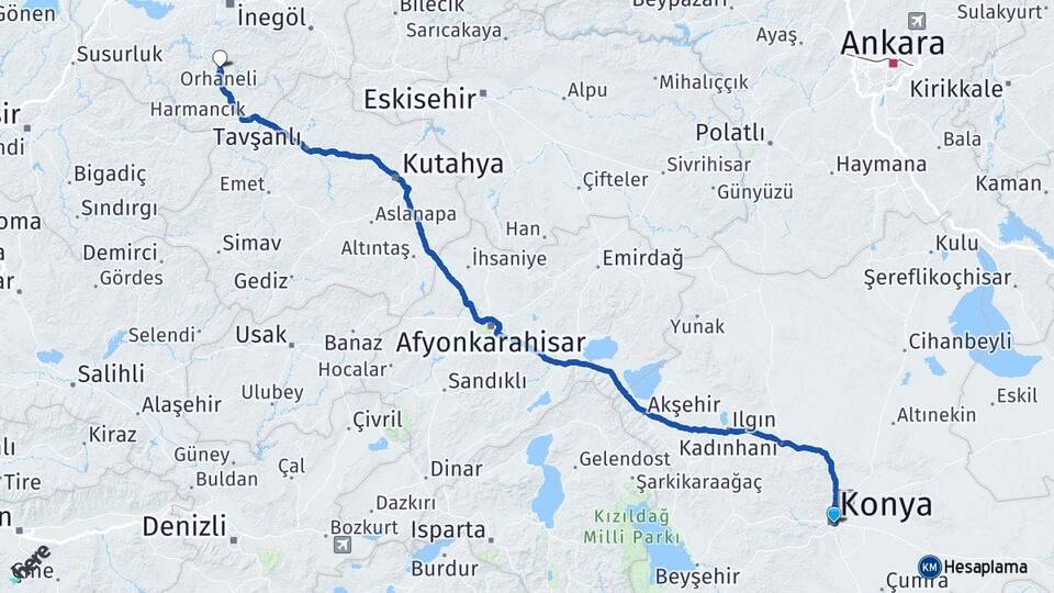 Konya Orhaneli Bursa Arası Kaç Km - Yol Haritası