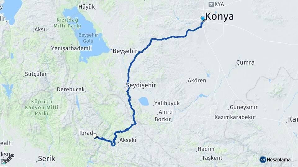 Konya Ormana İbradı Antalya Arası Kaç Km - Yol Haritası