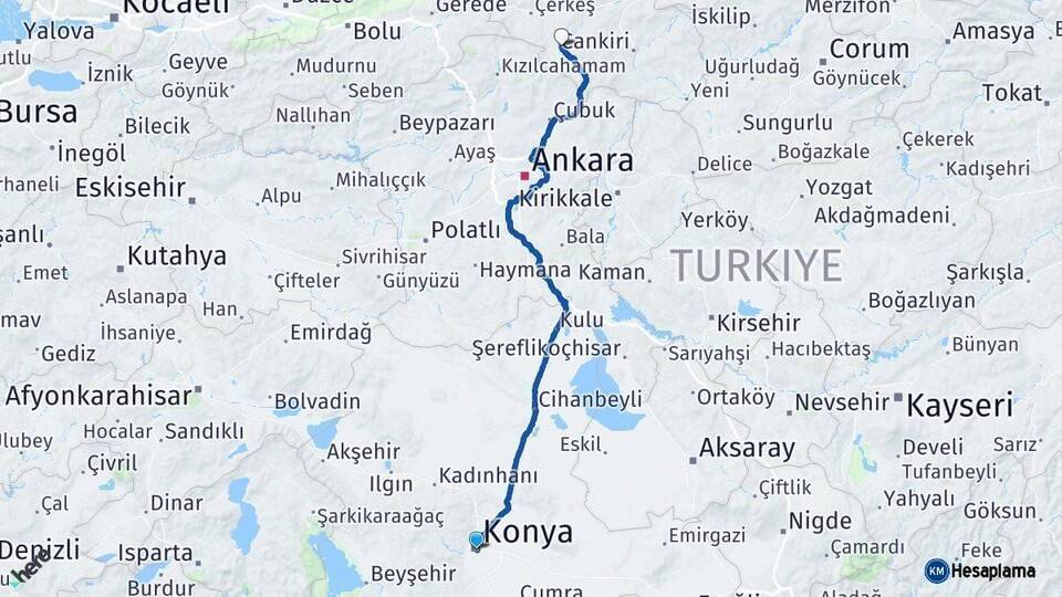Konya Orta Çankırı Arası Kaç Km - Yol Haritası