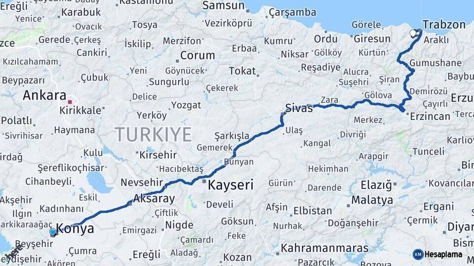Konya Ortahisar Trabzon Arası Kaç Km - Yol Haritası