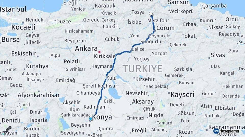 Konya Osmancık Çorum Arası Kaç Km - Yol Haritası