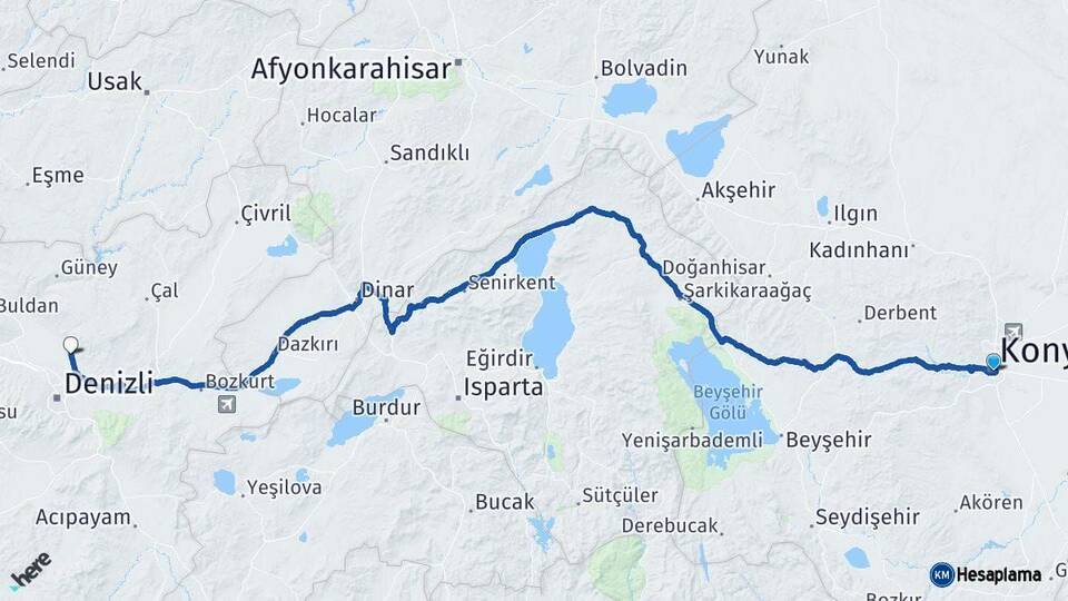 Konya Pamukkale Denizli Arası Kaç Km - Yol Haritası