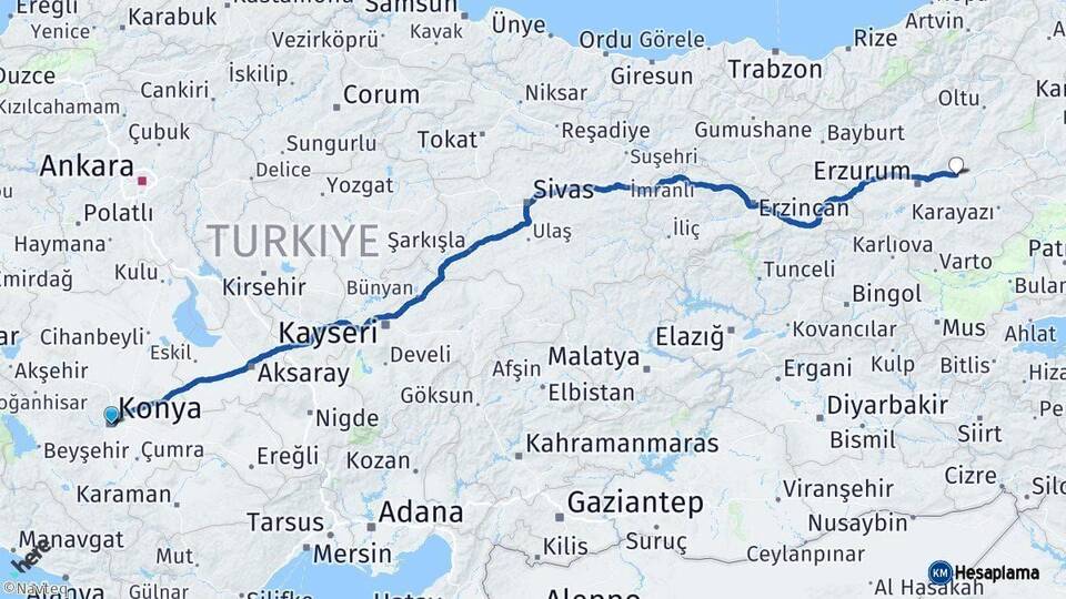 Konya Pasinler Erzurum Arası Kaç Km - Yol Haritası