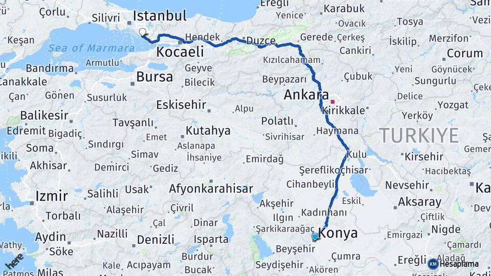 Konya Pendik İstanbul Arası Kaç Km - Yol Haritası