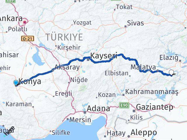 Konya Pütürge Malatya Arası Kaç Km - Yol Haritası