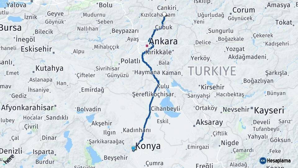 Konya Şabanözü Çankırı Arası Kaç Km - Yol Haritası