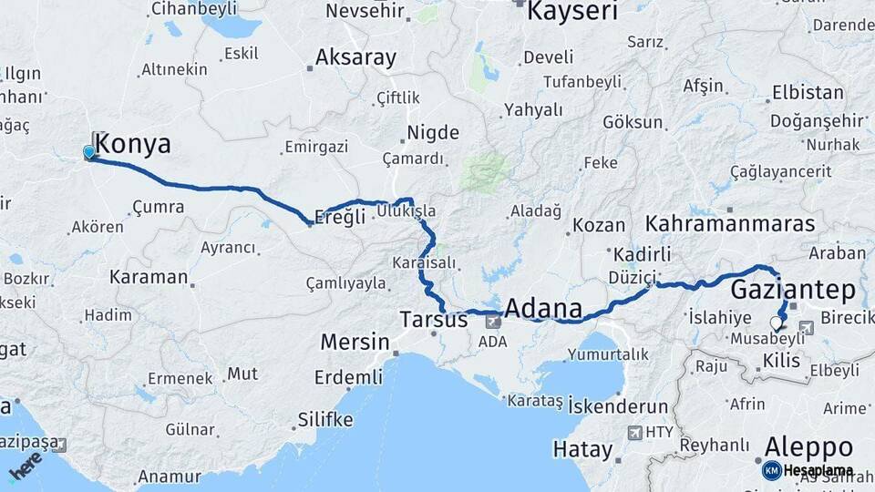 Konya Şahinbey Gaziantep Arası Kaç Km - Yol Haritası