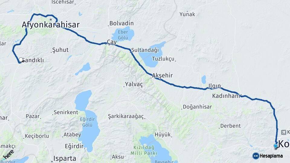 Konya Sandıklı Afyonkarahisar Arası Kaç Km - Yol Haritası