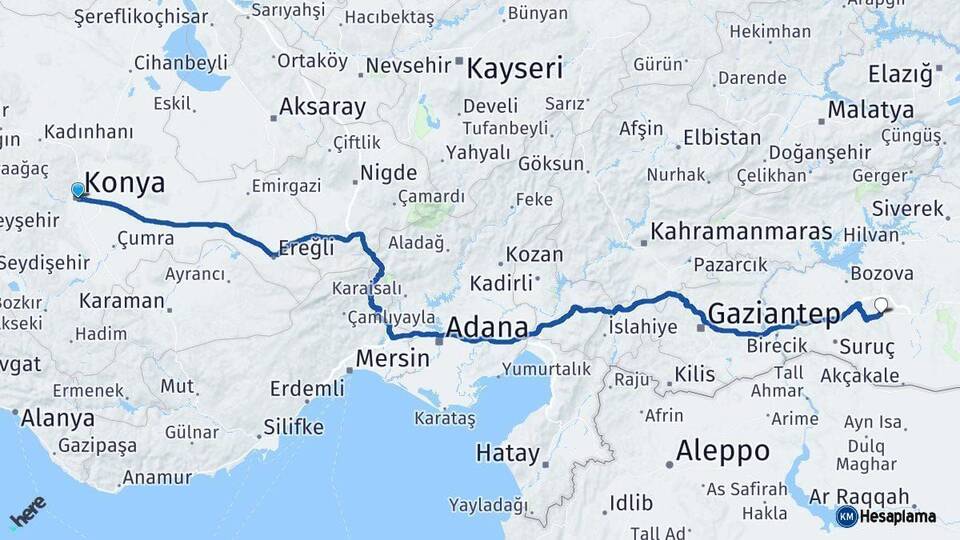 Konya Şanlıurfa Arası Kaç Km - Yol Haritası