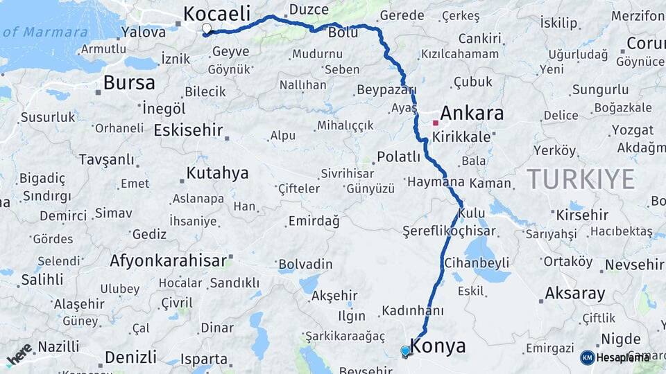 Konya Sapanca Sakarya Arası Kaç Km - Yol Haritası
