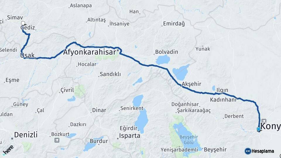 Konya Şaphane Kütahya Arası Kaç Km - Yol Haritası