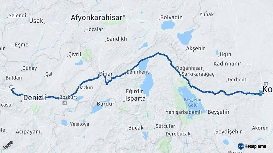 Konya Sarayköy Denizli Arası Kaç Km - Yol Haritası